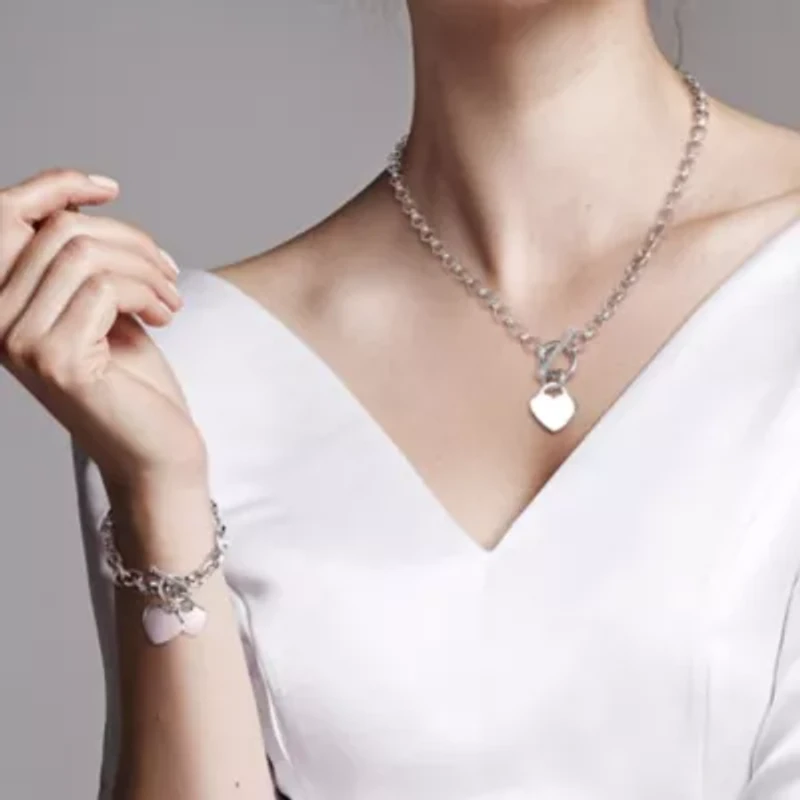Circle Link Heart Charm Necklace and Bracelet 2-Piece Set in Sterling Silver