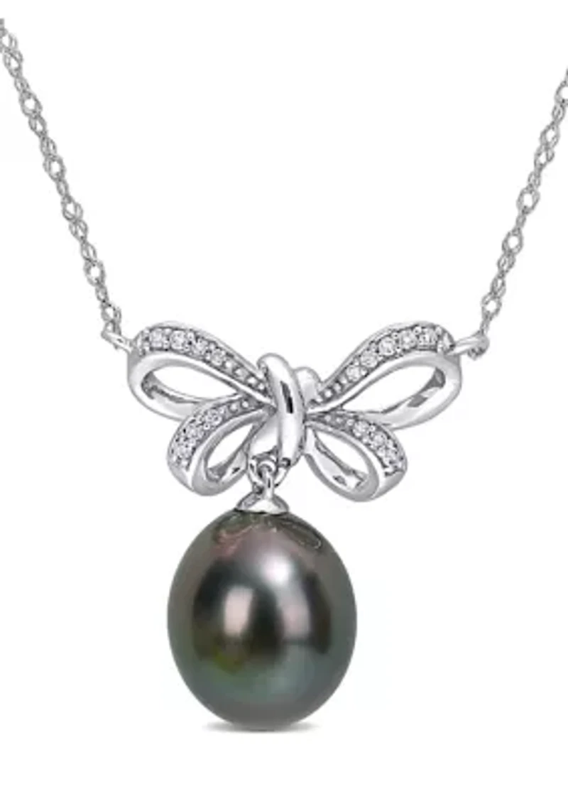 9 Millimeter Tahitian Cultured Pearl and 1/10 ct. t.w. Diamond-Accent Bow Necklace in 10K White Gold