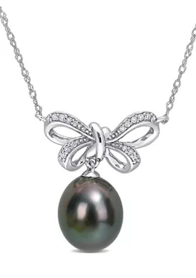 9 Millimeter Tahitian Cultured Pearl and 1/10 ct. t.w. Diamond-Accent Bow Necklace in 10K White Gold