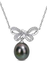 9 Millimeter Tahitian Cultured Pearl and 1/10 ct. t.w. Diamond-Accent Bow Necklace in 10K White Gold