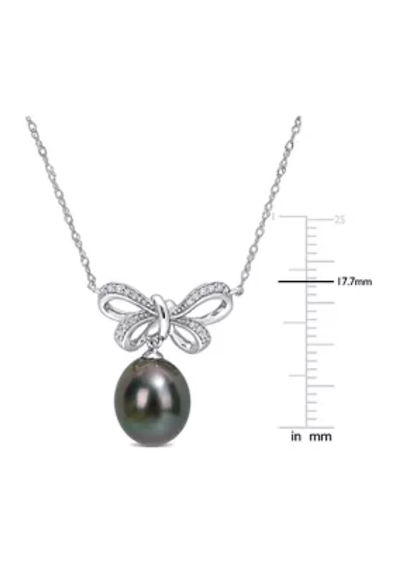 9 Millimeter Tahitian Cultured Pearl and 1/10 ct. t.w. Diamond-Accent Bow Necklace in 10K White Gold