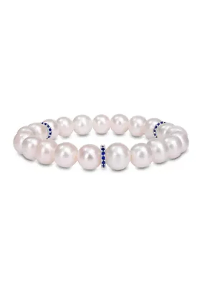Lab Created 9-9.5 MM Cultured Freshwater Pearl and 2/5 CT TGW Created Blue Sapphire and Diamond Bracelet in Sterling Silver