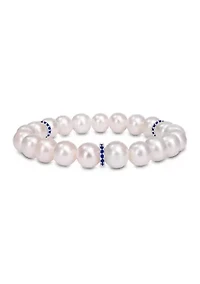 Lab Created 9-9.5 MM Cultured Freshwater Pearl and 2/5 CT TGW Created Blue Sapphire and Diamond Bracelet in Sterling Silver