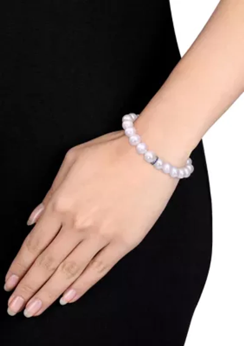 Lab Created 9-9.5 MM Cultured Freshwater Pearl and 2/5 CT TGW Created Blue Sapphire and Diamond Bracelet in Sterling Silver