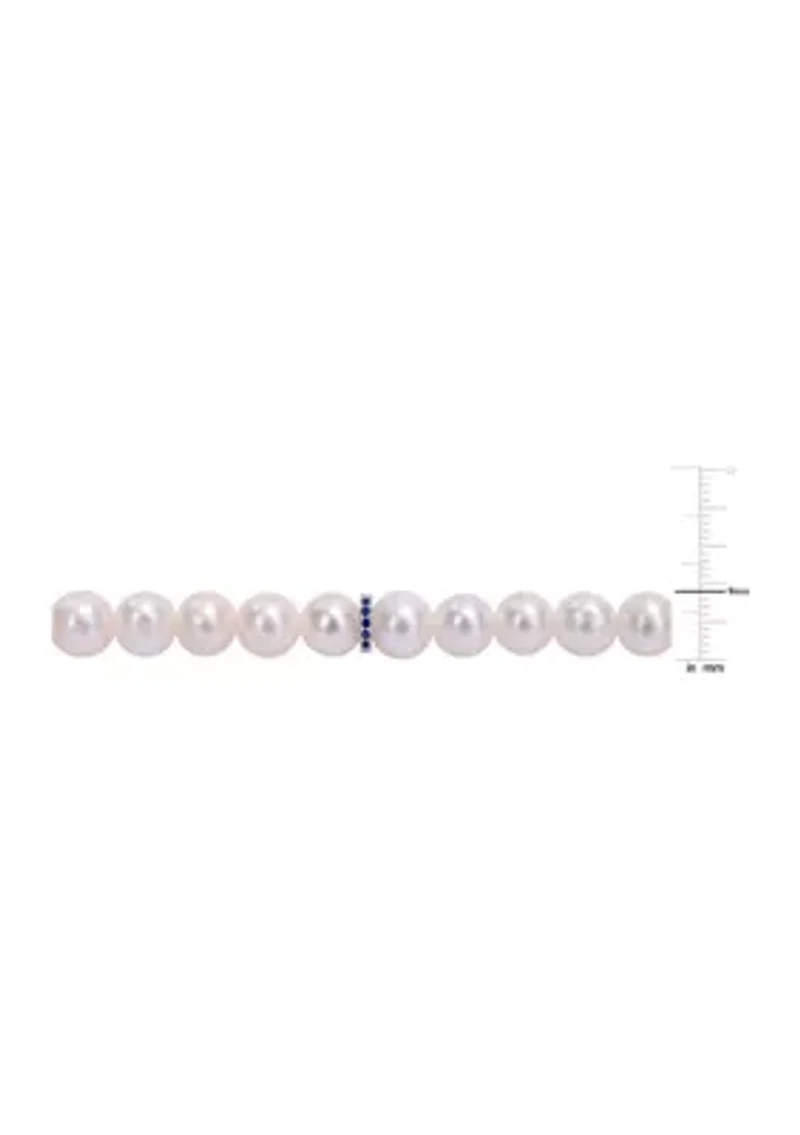 Lab Created 9-9.5 MM Cultured Freshwater Pearl and 2/5 CT TGW Created Blue Sapphire and Diamond Bracelet in Sterling Silver