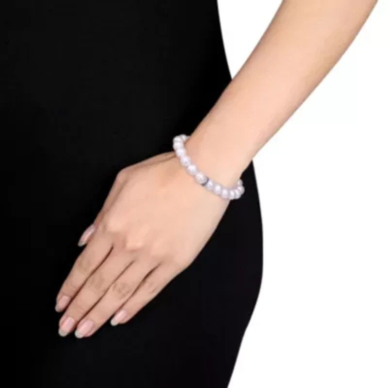 Lab Created 9-9.5 MM Cultured Freshwater Pearl and 2/5 CT TGW Created Blue Sapphire and Diamond Bracelet in Sterling Silver