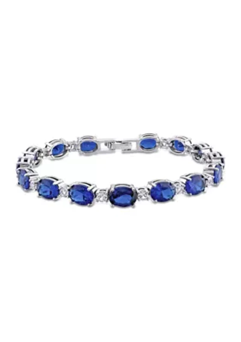 Lab Created 32 CT TGW Oval Created Blue and White Sapphire Bracelet in Sterling Silver