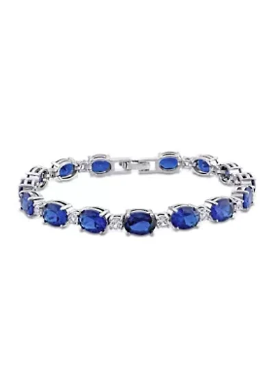 Lab Created 32 CT TGW Oval Created Blue and White Sapphire Bracelet in Sterling Silver