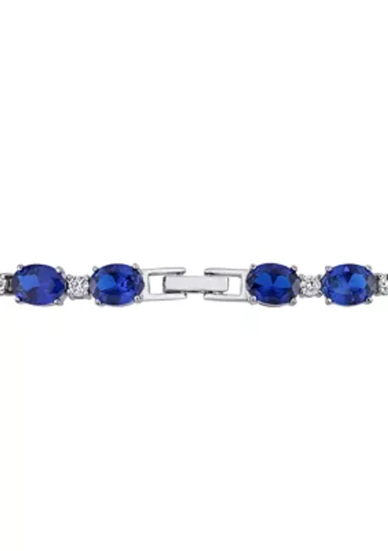 Lab Created 32 CT TGW Oval Created Blue and White Sapphire Bracelet in Sterling Silver