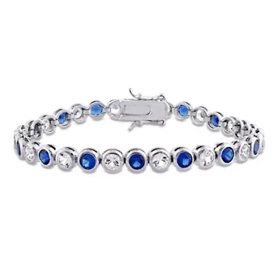 Lab Created 9.5 CT TGW Created Blue and White Sapphire Tennis Bracelet in Sterling Silver