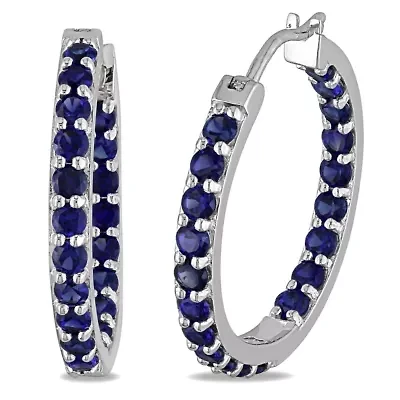 Lab Created Created Blue Sapphire Inside Outside Hoop Earrings in Sterling Silver