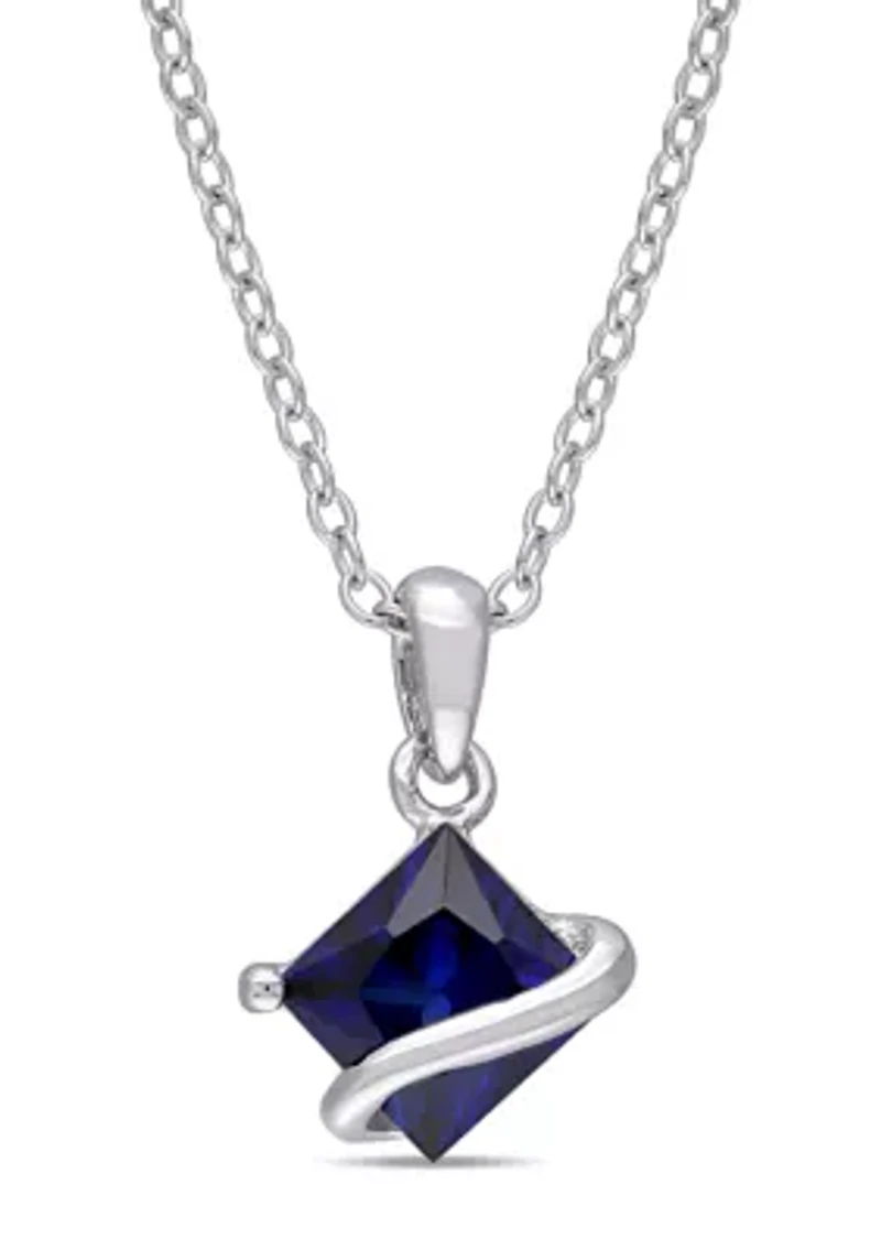 Lab Created 1.34 ct. t.g.w. Created Blue Sapphire Square Pendant With Chain in Sterling Silver