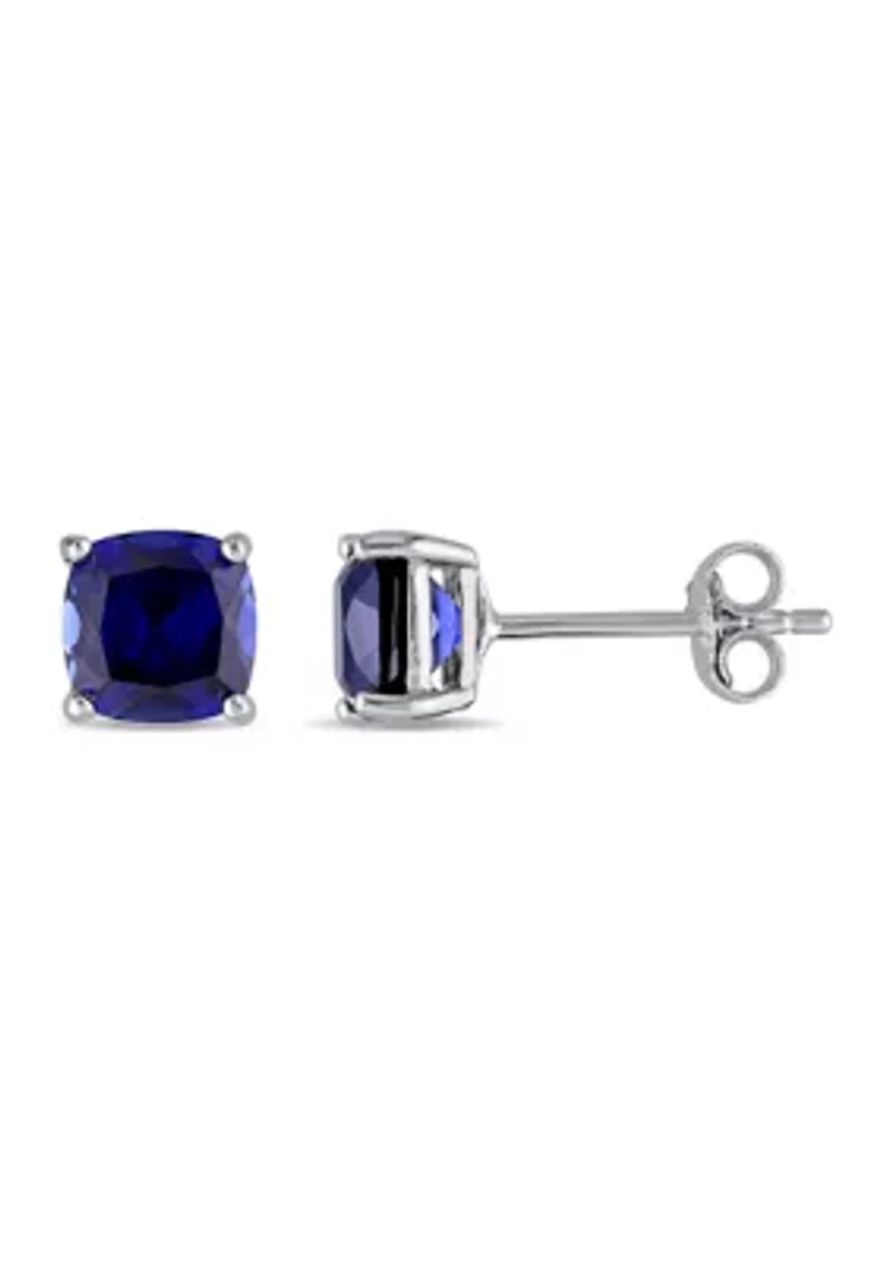 Lab Created Cushion Cut Created Blue Sapphire Stud Earrings in Sterling Silver