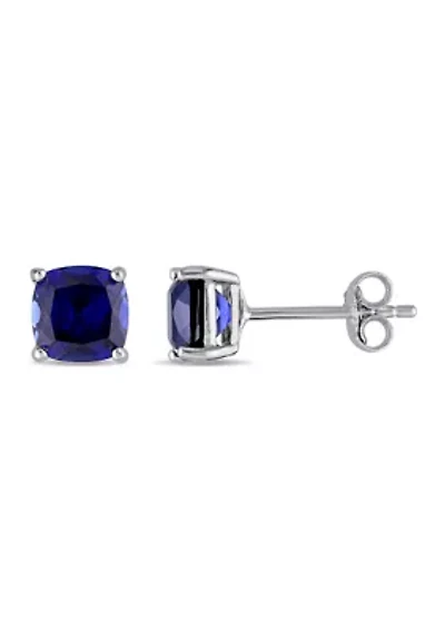 Lab Created Cushion Cut Created Blue Sapphire Stud Earrings in Sterling Silver