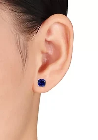 Lab Created Cushion Cut Created Blue Sapphire Stud Earrings in Sterling Silver