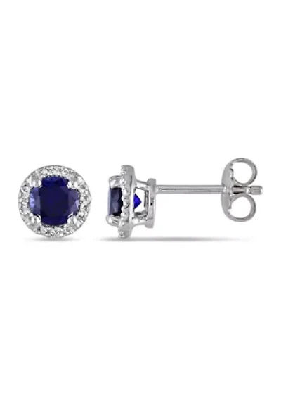 Lab Created 1.16 ct. t.g.w. Created Blue Sapphire and Diamond Accent Halo Stud Earrings in Sterling Silver