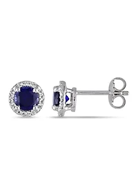 Lab Created 1.16 ct. t.g.w. Created Blue Sapphire and Diamond Accent Halo Stud Earrings in Sterling Silver