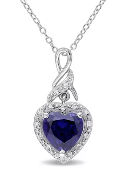 Lab Created Diamond and Created Blue Sapphire Heart Twist Pendant with Chain in Sterling Silver