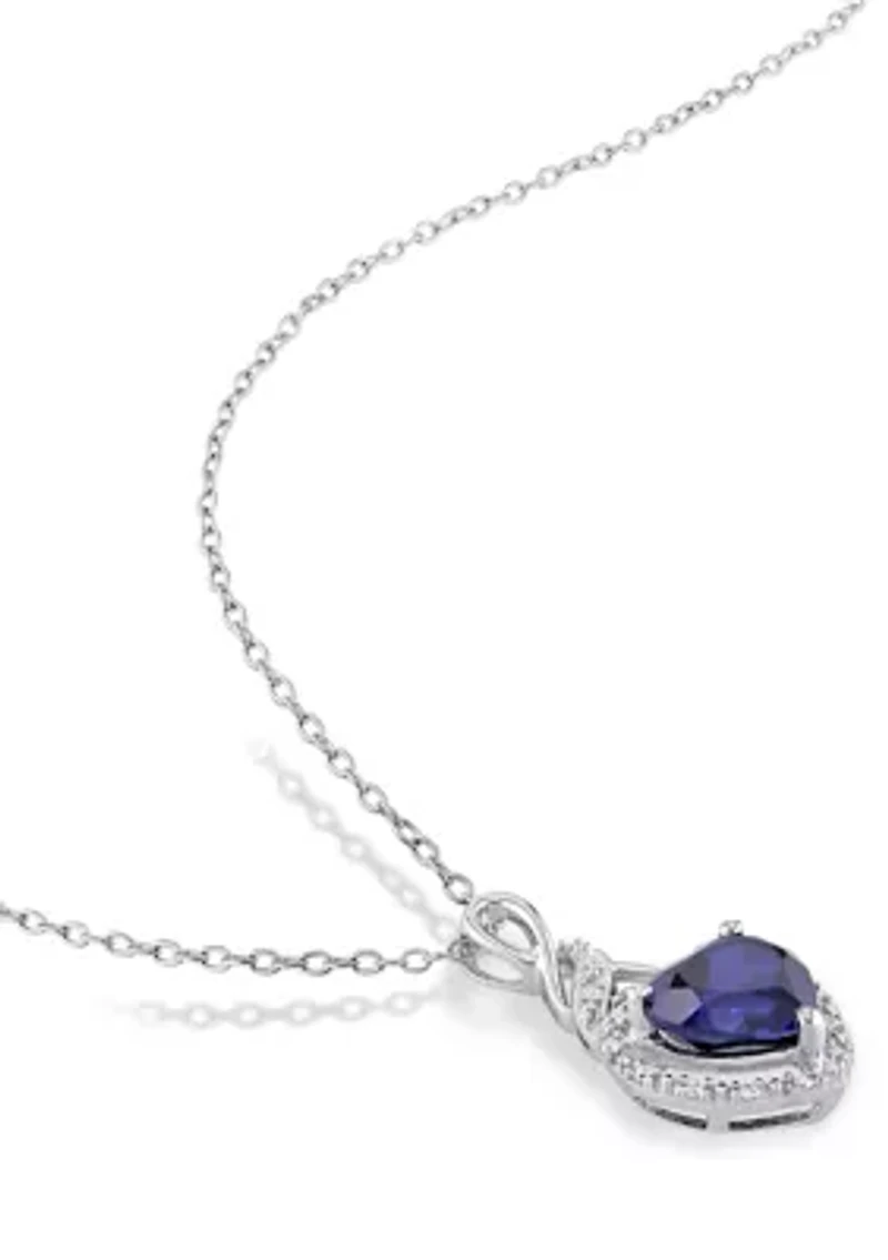 Lab Created Diamond and Created Blue Sapphire Heart Twist Pendant with Chain in Sterling Silver