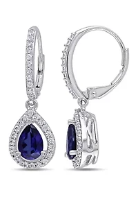 Lab Created Created Blue and White Sapphire Teardrop Leverback Earrings in Sterling Silver