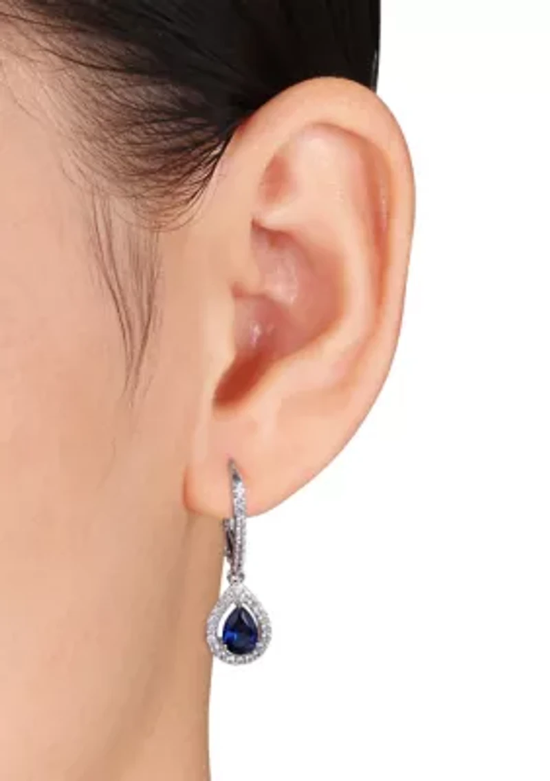 Lab Created Created Blue and White Sapphire Teardrop Leverback Earrings in Sterling Silver