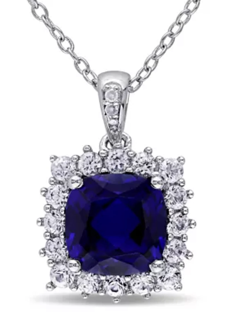 Lab Created 3.73 ct. t.g.w. Created Blue and Created White Sapphire and Diamond Accent Halo Pendant with Chain in Sterling Silver