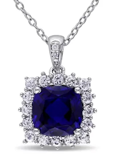 Lab Created 3.73 ct. t.g.w. Created Blue and Created White Sapphire and Diamond Accent Halo Pendant with Chain in Sterling Silver