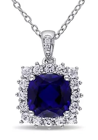 Lab Created 3.73 ct. t.g.w. Created Blue and Created White Sapphire and Diamond Accent Halo Pendant with Chain in Sterling Silver