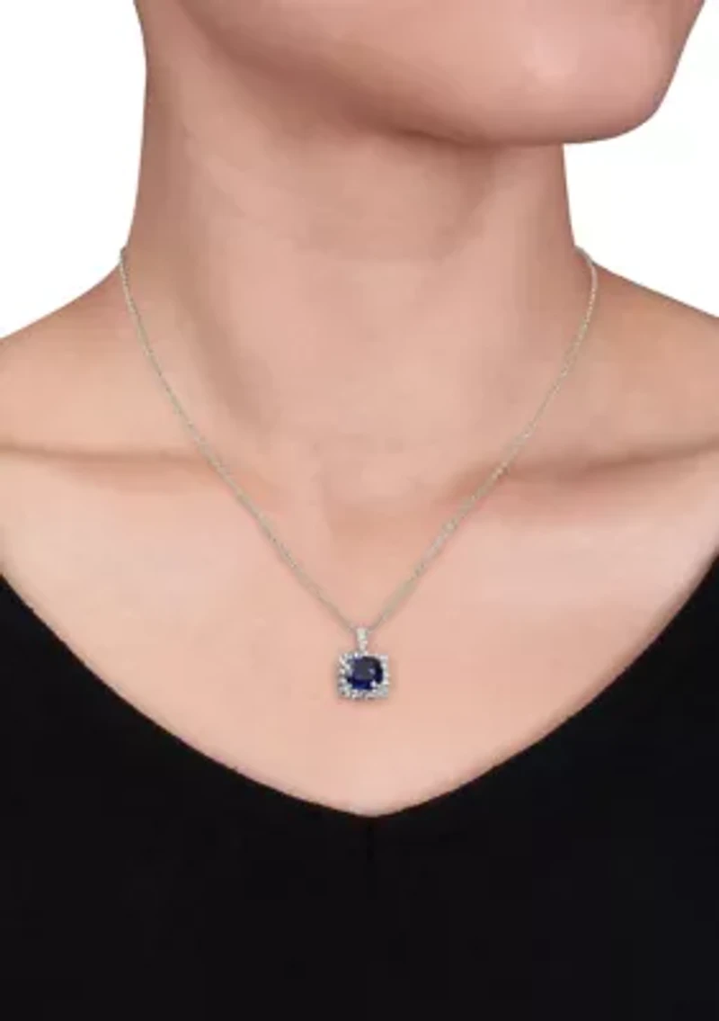 Lab Created 3.73 ct. t.g.w. Created Blue and Created White Sapphire and Diamond Accent Halo Pendant with Chain in Sterling Silver