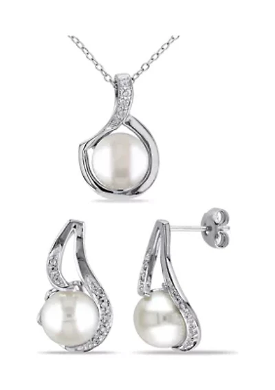 2-Pc Set of 9 - 9.5 MM Cultured Freshwater Pearl and 1/10 CT TW Diamond Twist Stud Earrings and Pendant With Chain in Sterling Silver