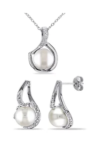 2-Pc Set of 9 - 9.5 MM Cultured Freshwater Pearl and 1/10 CT TW Diamond Twist Stud Earrings and Pendant With Chain in Sterling Silver