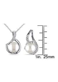 2-Pc Set of 9 - 9.5 MM Cultured Freshwater Pearl and 1/10 CT TW Diamond Twist Stud Earrings and Pendant With Chain in Sterling Silver