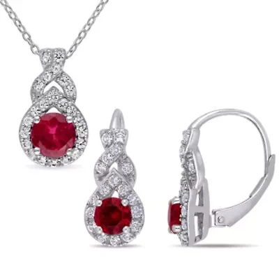 Lab Created 2-Pc Set of Created White Sapphire and Created Ruby Twist Teardrop Halo Earrings and Pendant with Chain in Sterling Silver