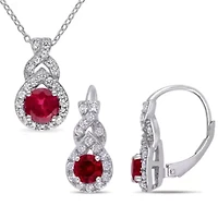 Lab Created 2-Pc Set of Created White Sapphire and Created Ruby Twist Teardrop Halo Earrings and Pendant with Chain in Sterling Silver