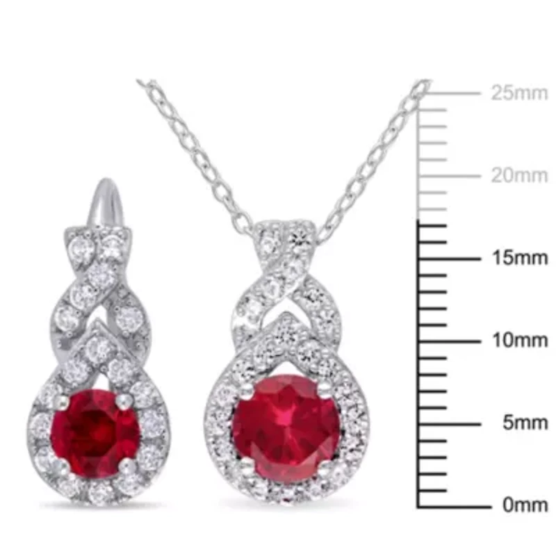 Lab Created 2-Pc Set of Created White Sapphire and Created Ruby Twist Teardrop Halo Earrings and Pendant with Chain in Sterling Silver