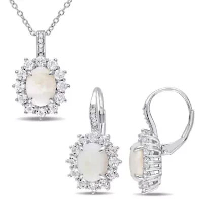 2 Piece Set of Diamond & Opal White Topaz Earrings & Pendant With Chain in Sterling Silver, 18"