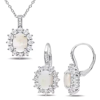2 Piece Set of Diamond & Opal White Topaz Earrings & Pendant With Chain in Sterling Silver, 18"