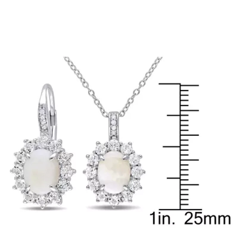 2 Piece Set of Diamond & Opal White Topaz Earrings & Pendant With Chain in Sterling Silver, 18"