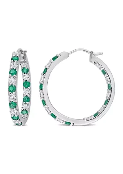 Lab Created Created Emerald and Created White Sapphire Hoop Earrings in Sterling Silver
