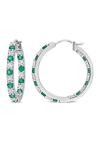Lab Created Created Emerald and Created White Sapphire Hoop Earrings in Sterling Silver