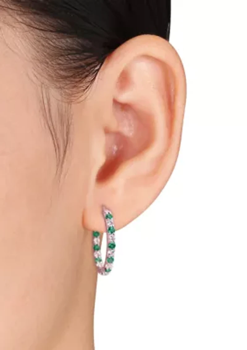 Lab Created Created Emerald and Created White Sapphire Hoop Earrings in Sterling Silver