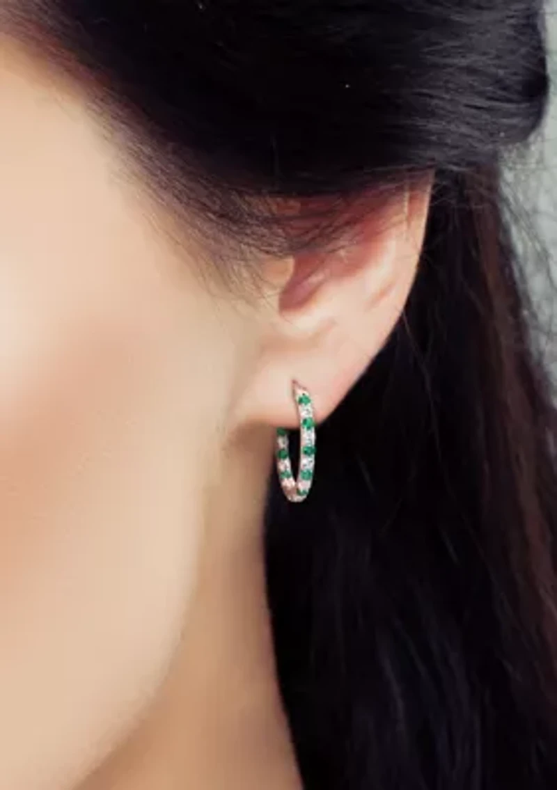 Lab Created Created Emerald and Created White Sapphire Hoop Earrings in Sterling Silver