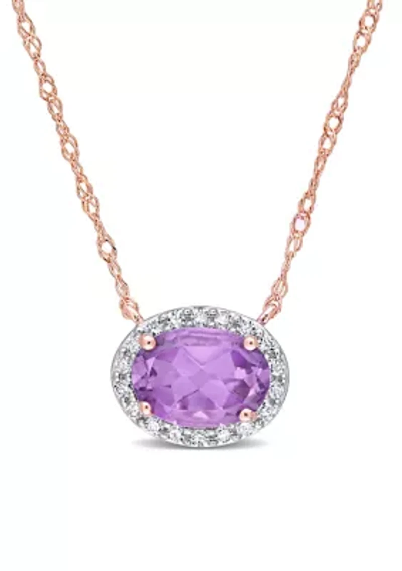 3/4 CT TGW Amethyst and 1/10 CT TW Diamond Oval Halo Necklace in 10k Rose Gold