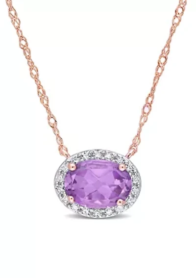 3/4 CT TGW Amethyst and 1/10 CT TW Diamond Oval Halo Necklace in 10k Rose Gold