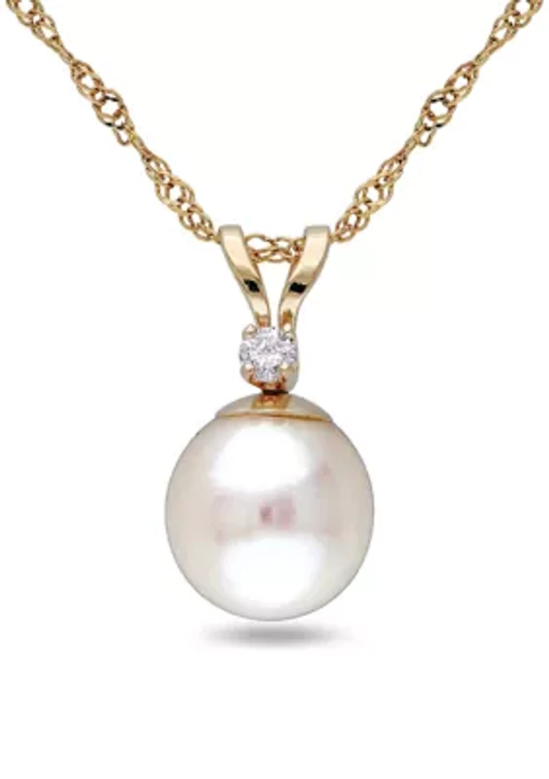 7-7.5MM Cultured Pearl and Diamond Accent Solitaire Necklace in 14k Yellow Gold