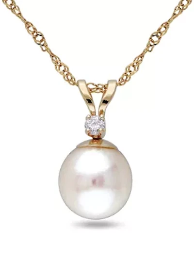 7-7.5MM Cultured Pearl and Diamond Accent Solitaire Necklace in 14k Yellow Gold