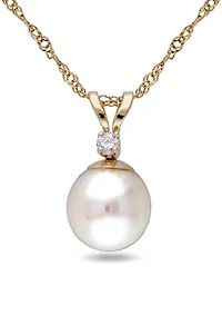 7-7.5MM Cultured Pearl and Diamond Accent Solitaire Necklace in 14k Yellow Gold