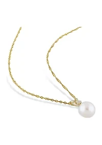 7-7.5MM Cultured Pearl and Diamond Accent Solitaire Necklace in 14k Yellow Gold