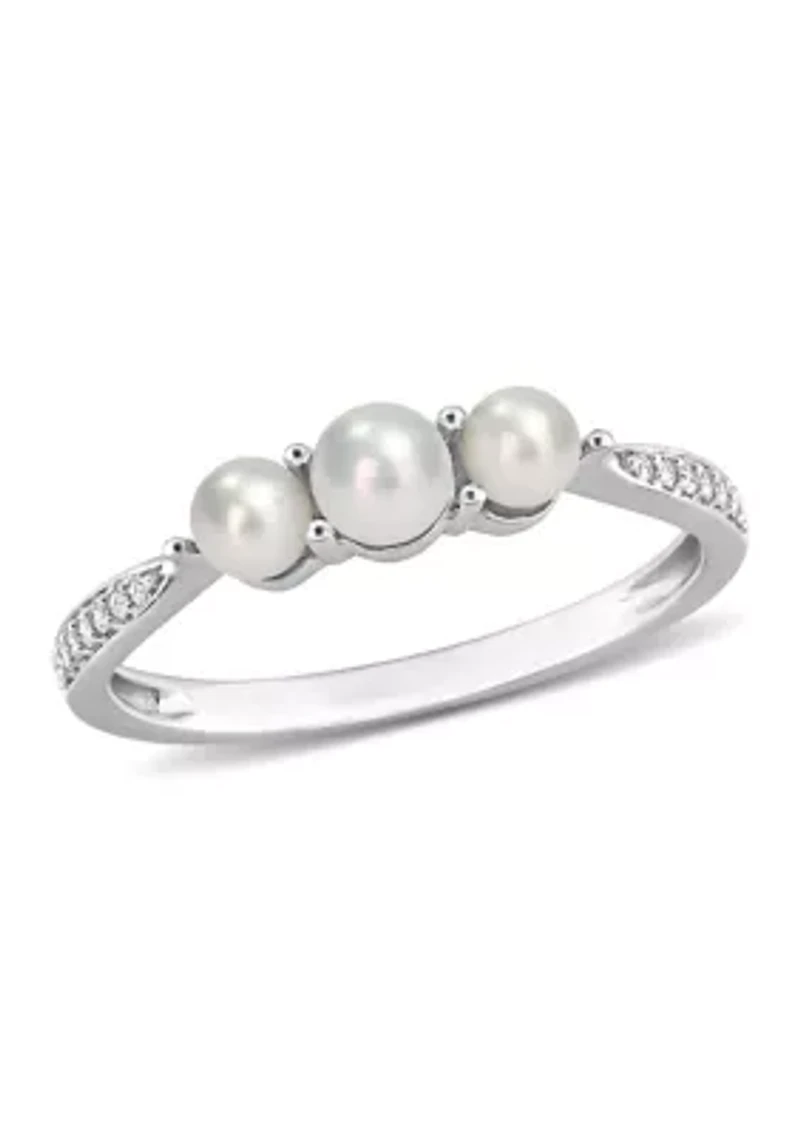 3-4MM Cultured Freshwater Pearl and Diamond Accent 3-Stone Ring 14k White Gold