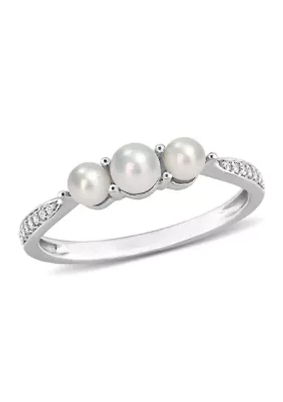 3-4MM Cultured Freshwater Pearl and Diamond Accent 3-Stone Ring 14k White Gold